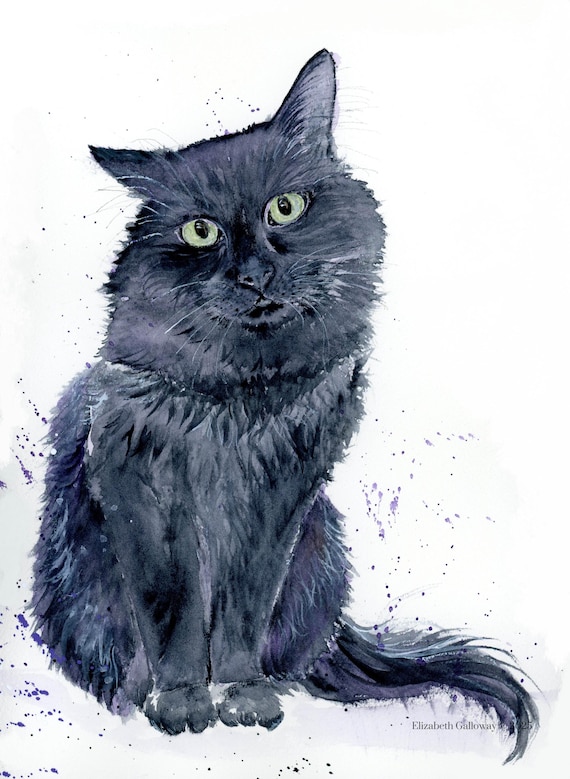 猫のオリジナル水彩画、子猫、黒猫（11 x 14） - Etsy 日本