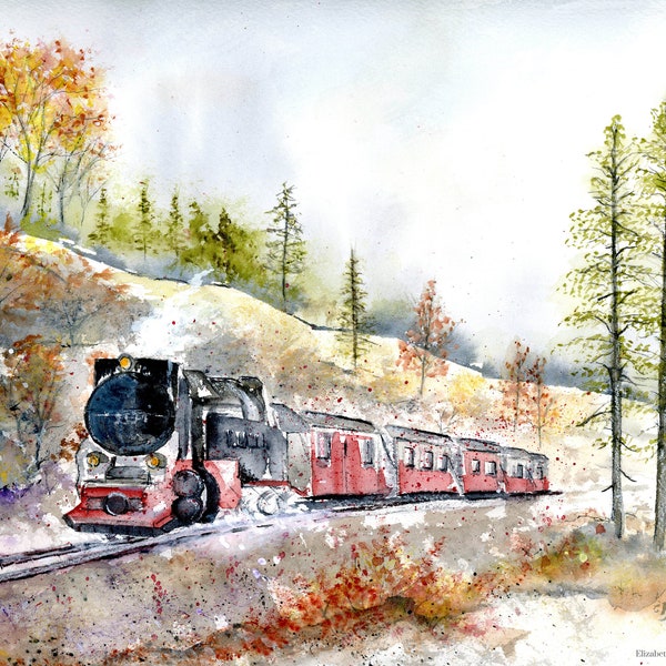 Greeting Card Original Art Print - Scenic Train Watercolor