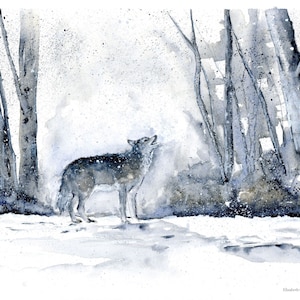 グリーティング カード オリジナル アート プリント - 灰色のオオカミの水彩画、凍りつくような朝の風景