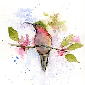 Impresión artística de acuarela de colibrí: pájaro garganta rubí, arte mural natural