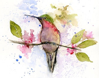 Impression d'art aquarelle colibri : oiseau à gorge rubis, art mural nature