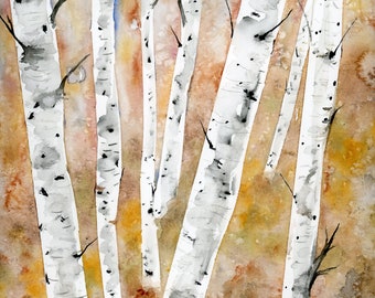Landscape Original Watercolor Painting, Birch Trees
