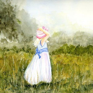 Girl Original Landscape Watercolor Painting, Girl in the Meadow