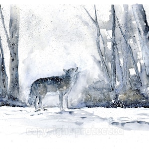 Grey Wolf Frosty Morning Landscape Watercolor Painting, Watercolor Giclée, Christmas