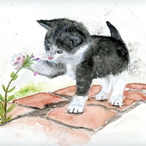 グリーティング カード オリジナル アート プリント - 子猫の水彩画、庭の猫
