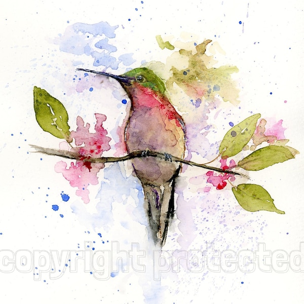 Hummingbird Painting, Hummingbird Watercolor Print, Ruby-throated hummingbird, hummingbird Art, Wall Art, Nature Print