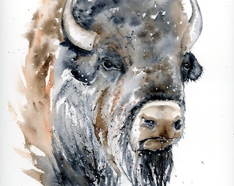 Bison Original Watercolor Print, Buffalo Archival Print