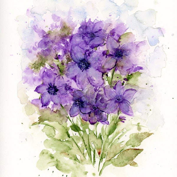 Purple Floral Blank Greeting Card Original Art Print