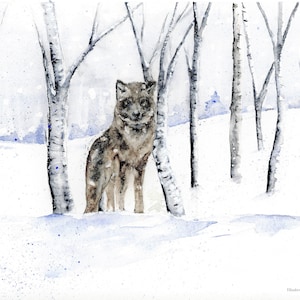 Grey Wolf, Winter Wolf, Original Painting, Frosty Morning Landscape Watercolor Painting