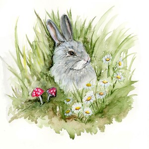 Bunny Painting, Original Watercolor Painting, Meadow