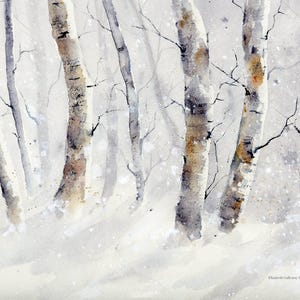May include: Watercolor painting of a snowy forest scene. Birch trees with textured bark in shades of brown and gray stand in a snowy landscape. Delicate branches reach out against a soft, white background. Snowflakes gently fall, creating a serene winter atmosphere.
