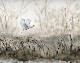 Egret Original Art Print - Watercolor Landscape, Egret Misty Morning Archival Print