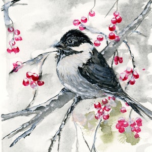 Tarjeta de felicitación en blanco Chickadee con tapa negra Impresión de arte original, tarjeta de Navidad