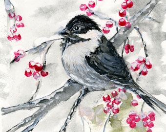 Chickadee Watercolor Painting, Watercolor Giclée, Christmas