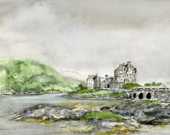 Castello di Eilean Donan Stampa originale ad acquerello, Castello di Scozia, Stampa d'archivio ad acquerello, Giclée ad acquerello