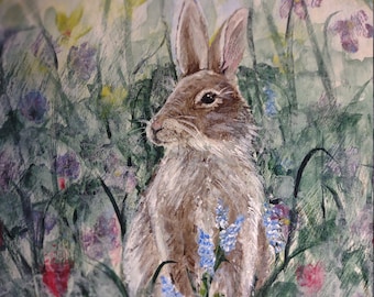 Peinture originale, Art peint à la main sur bois, Peinture de lapin, Pâques, Fête des mères, Printemps