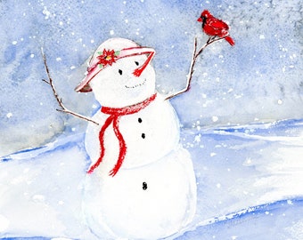Winter Watercolor Painting, Watercolor Giclée, Snowman and Cardinal