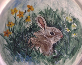 Peinture originale, Art peint à la main sur bois, Peinture de lapin, Pâques, Fête des mères, Printemps