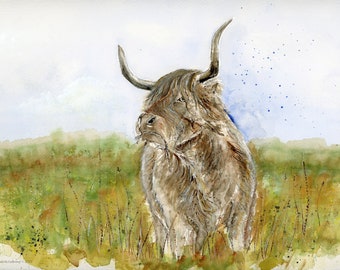 Highland Cow Original Watercolor Print, Scottish Highland Cow Archival Print