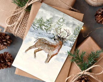 Winter Buck Blank Greeting Card Original Art Print, Christmas Card