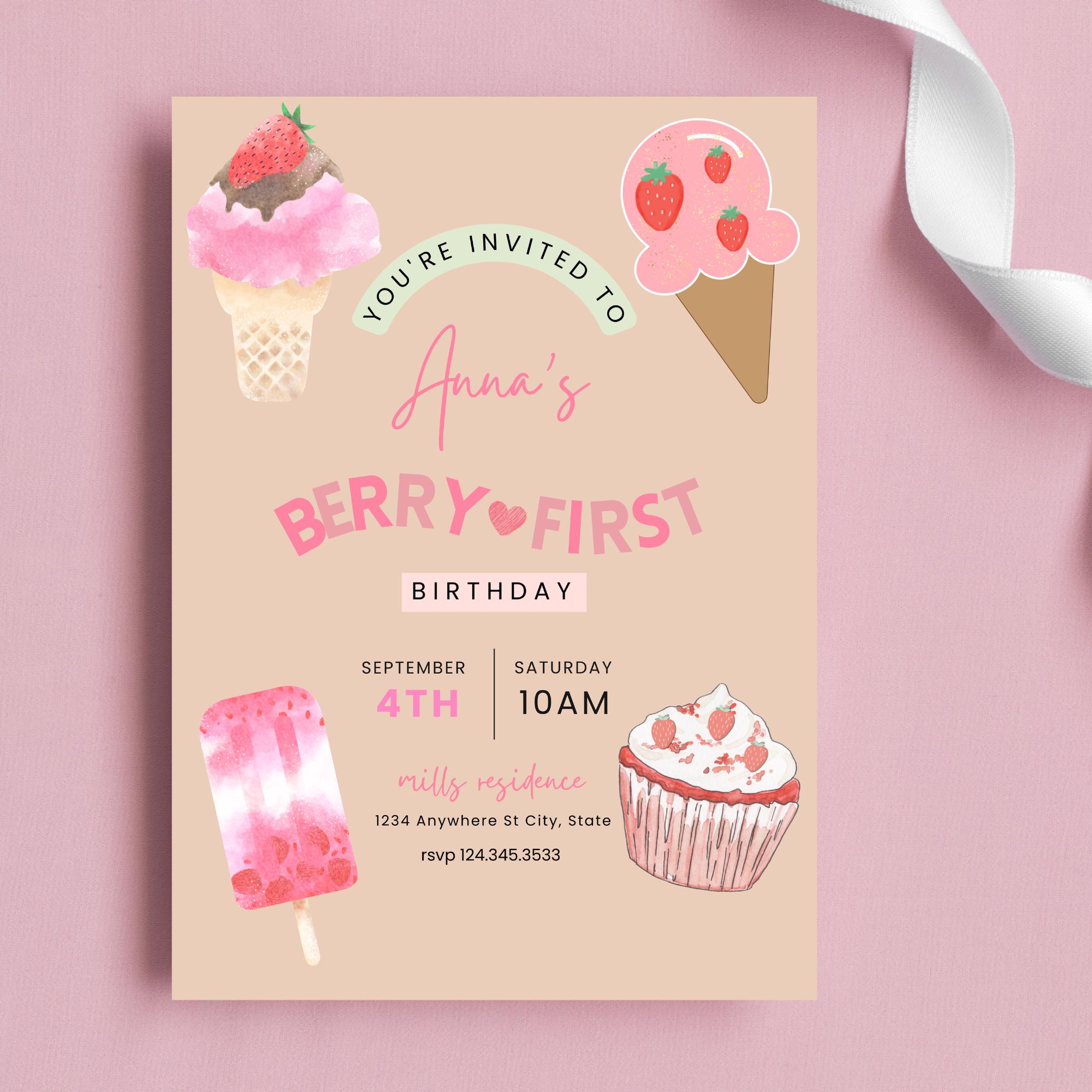 Berry 1st Birthday Celebration, First Birthday Invitation Girl Berry, Customizable Strawberry Digital Invite