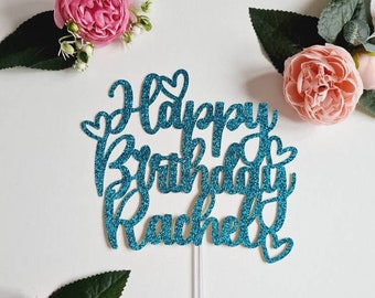 Personalised 'Happy Birthday' cake topper made with hearts from double sided glitter. Perfect centrepiece for birthday cakes