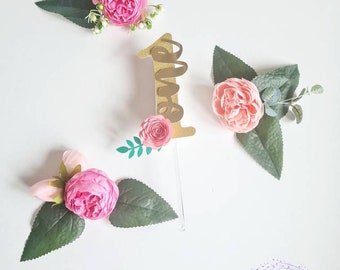 Personalised birthday cake topper with paper flowers, perfect for celebrating 1st birthdays. 2nd birthday and others ages available.