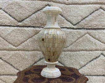 Handmade Moroccan Bone Inlay White Vase, table top bone pot