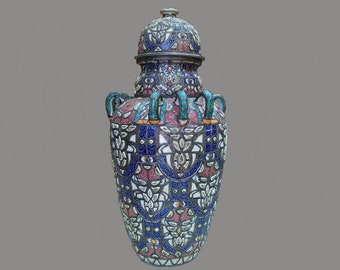 Moroccan vintage large vase, handpainted pottery vase, handcrafted pottery vase decorated with bone and metal, bohemain vase,vases
