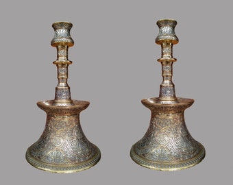 Vintage Middle Eastern silver Candlesticks With Arabic Writing, vintage brass Candlesticks decorated with silver arabic calligraphy