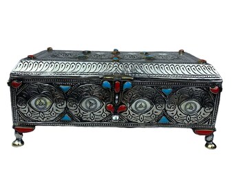 Artisan-Crafted Wood Box with Metal Inlay, Handcarving, Stone Decorations, and Velvet Interior - Elegance Redefined