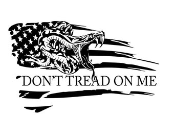 May include: Black and white illustration of a snake with its mouth open, coiled around a distressed American flag. The text "DON'T TREAD ON ME" is below the snake.