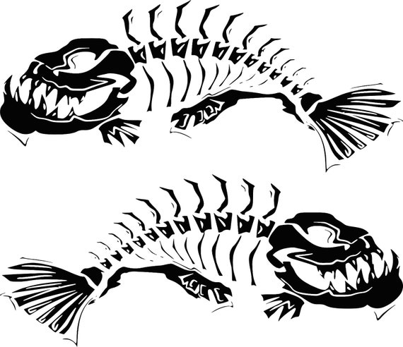 2 Skeleton Fish Boat Decals (pair) Fishing Graphic Sticker Shark Salt Skiff