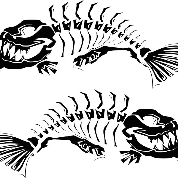 2 Skeleton Fish Boat Decals (pair) Fishing Graphic Sticker Shark Salt Skiff