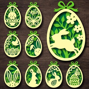 Ostern Laser Cut Ornamente SVG Bundle, 3D Oster Kleiderbügel Vorlage, Hase mit Eiern Ornamente zwart svg, dxf eps, png.