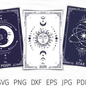 May include: Three celestial-themed cards with a dark blue background and white outlines. The first card features a crescent moon with a face and a diamond inside. The second card features a sun with a face and a circle of moons around it. The third card features a star with a circle of moons around it. The text on the cards reads "The Moon", "The Sun", and "The Star".