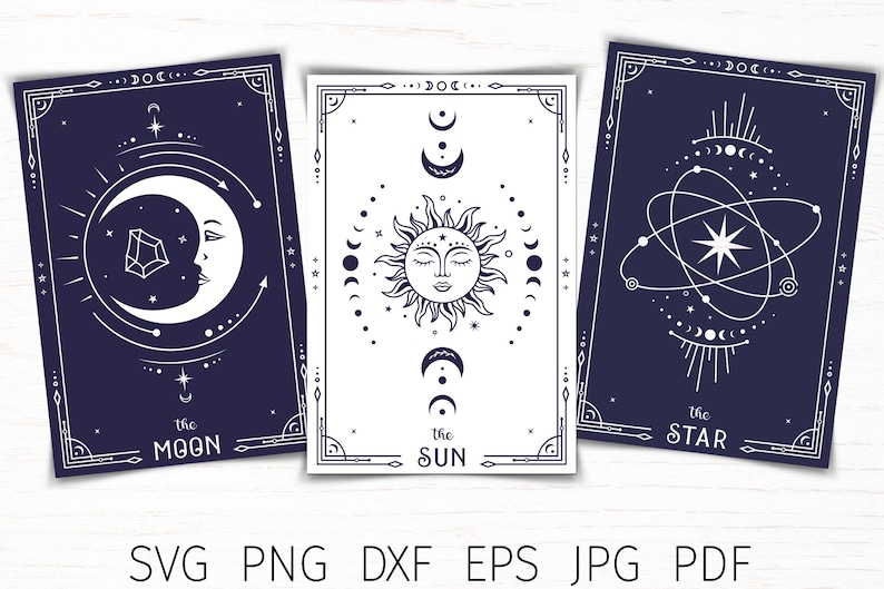 May include: Three celestial-themed cards with a dark blue background and white outlines. The first card features a crescent moon with a face and a diamond inside. The second card features a sun with a face and a circle of moons around it. The third card features a star with a circle of moons around it. The text on the cards reads "The Moon", "The Sun", and "The Star".