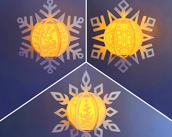 Snowflake lantern svg template, Christmas tree hanging ornament set, 3d paper lantern bundle, cut file for cricut projects.