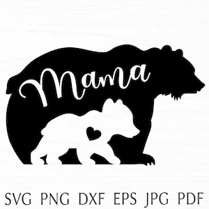 クリカット用のママベアと赤ちゃんベアの SVG カット ファイル、シャツ用の動物のシルエット プリント、ママライフの SVG デザイン、ハート ラブ、DXF、PNG、EPS、クリップアート