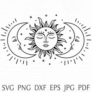 Słońce i księżyc svg, niebiański projekt svg z półksiężycem, mistyczny nadruk na koszulce, magiczna sylwetka księżyca png clipart, plik svg dla cricut