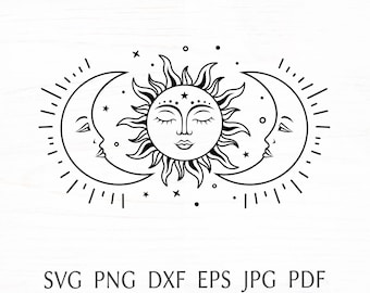 Sun and moon svg, celestial svg design with crescent moon, mystical print for shirt, magic moon silhouette png clipart, svg file for cricut