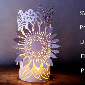 Szablon svg z lampionem słonecznikowym, letnia wycinanka 3d, plik svg z papierowym lampionem do cięcia dla cricut, projekt kwiatowego podgrzewacza, papierowy lampion ślubny.