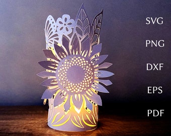 Sonnenblume Laterne svg Vorlage, Sommer 3D Papierschnitt, Papierlaterne svg schnitt Datei für Cricut, florales Teelicht Design, Hochzeit Papierlaterne.