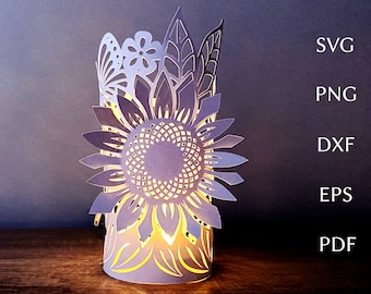 Sunflower lantern svg template, summer 3d papercut, paper lantern svg cut file for cricut, floral tealight design, wedding paper lantern.