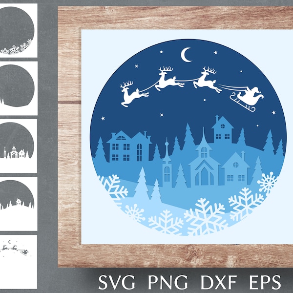 Christmas shadow box svg cut file for cricut, 3d papercut svg template, layered shadow box with reindeer and santa sleigh png dxf, decor svg Christmas shadow box svg cut file for cricut, 3d papercut svg template, layered shadow box with reindeer and santa sleigh png dxf, decor svg