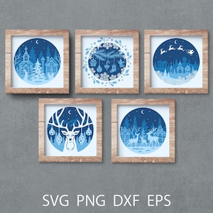 Christmas shadow box svg bundle, 3d papercut svg template, layered light box for DIY crafts.