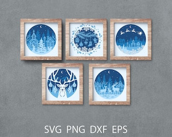 Christmas shadow box svg bundle, 3d papercut svg template, layered light box for DIY crafts.