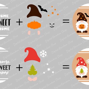 Puede incluir: Dos dise&ntilde;os digitales para un letrero de gnomo dulce hogar. El primer dise&ntilde;o presenta un gnomo con un sombrero de calabaza y una cara de calabaza. El segundo dise&ntilde;o presenta un gnomo con un sombrero rojo y un pino. Ambos dise&ntilde;os incluyen el texto "hogar dulce gnomo".