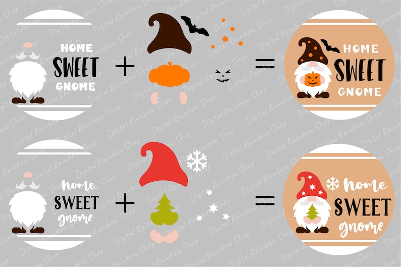 Puede incluir: Dos dise&ntilde;os digitales para un letrero de gnomo dulce hogar. El primer dise&ntilde;o presenta un gnomo con un sombrero de calabaza y una cara de calabaza. El segundo dise&ntilde;o presenta un gnomo con un sombrero rojo y un pino. Ambos dise&ntilde;os incluyen el texto "hogar dulce gnomo".