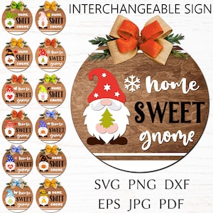 Fichier de coupe svg signe interchangeable, signe gnome pour porte d'entrée, lot d'accroche-porte saisonnier, signe de bienvenue nain doux maison, design découpé au laser.